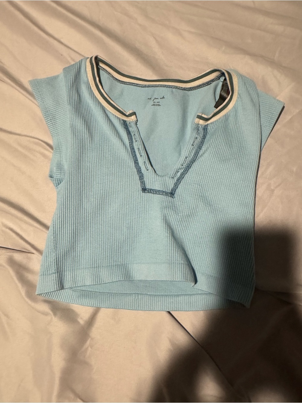 Urban Outfitters Light Blue Ribbed Cropped V-Notch Tank with Striped Trim